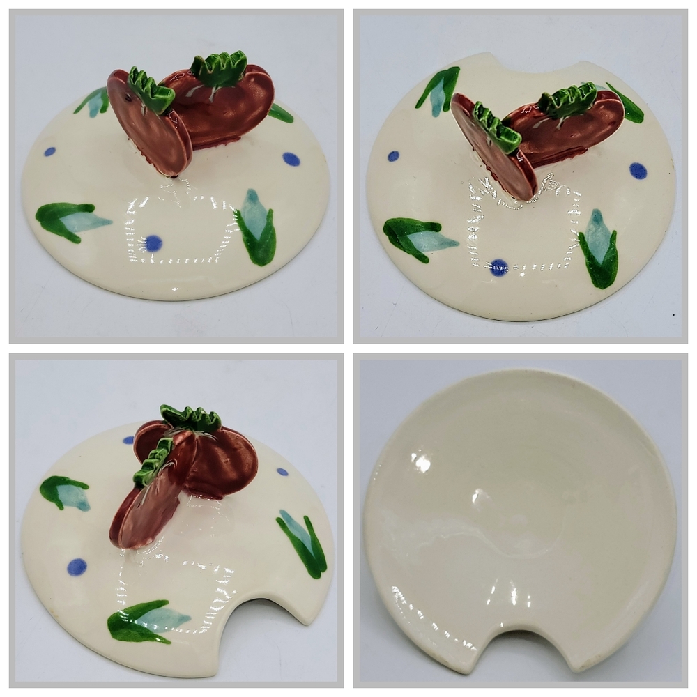 1990 Hand Painted Lidded Pottery Bowl & Plate Set Tomato Motif Vermont Signed - Picture 11 of 14